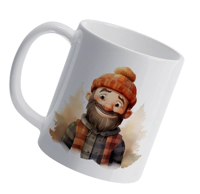 Taza blanca con ilustración personalizada de hombre con gorro naranja y barba sobre fondo acuarela.