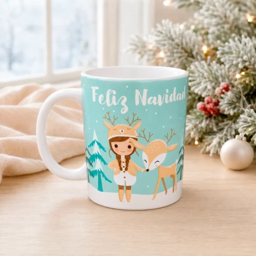 Taza de Navidad personalizada con niña vestida de reno y ciervo