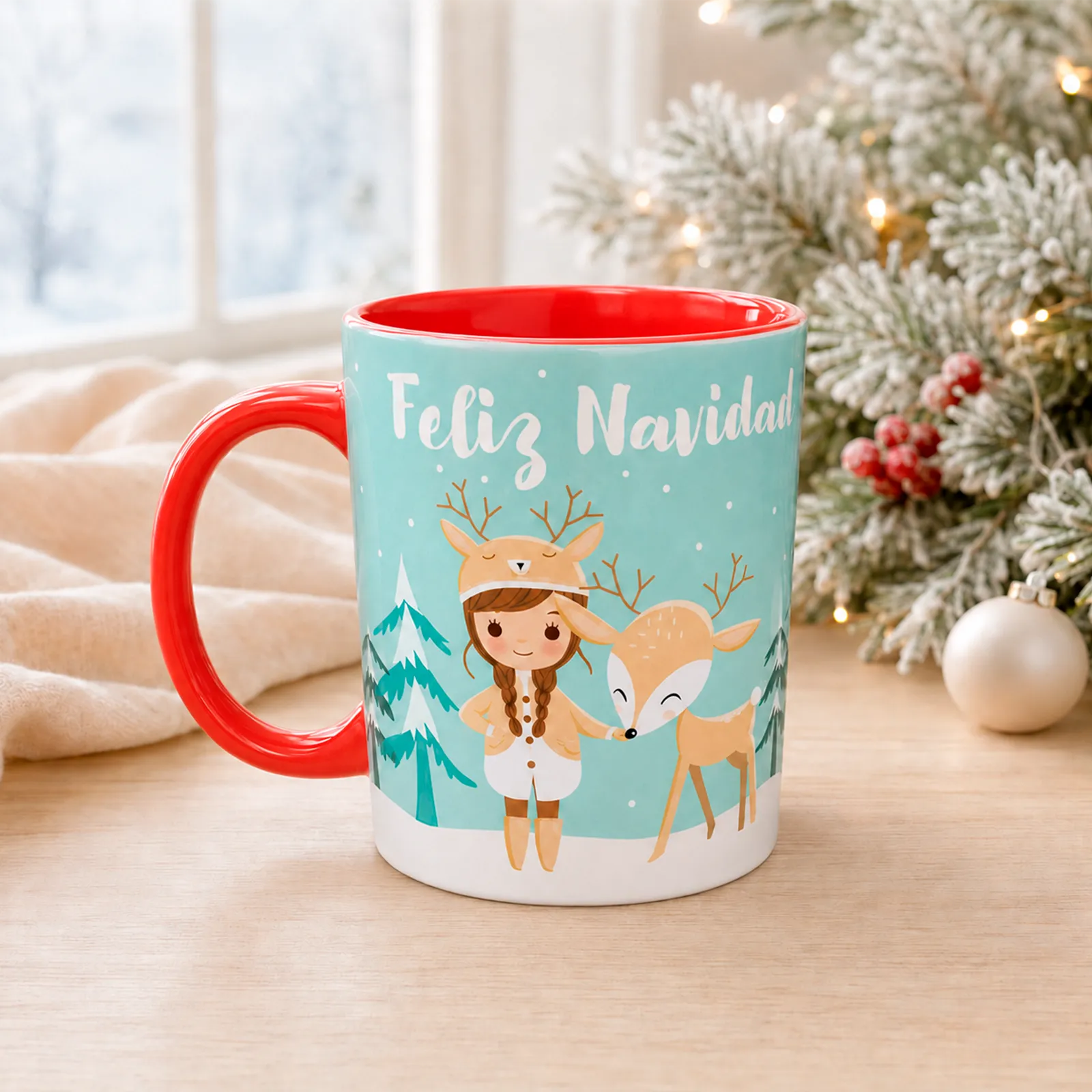 Taza de Navidad con niña reno y ciervo, interior y asa rojos