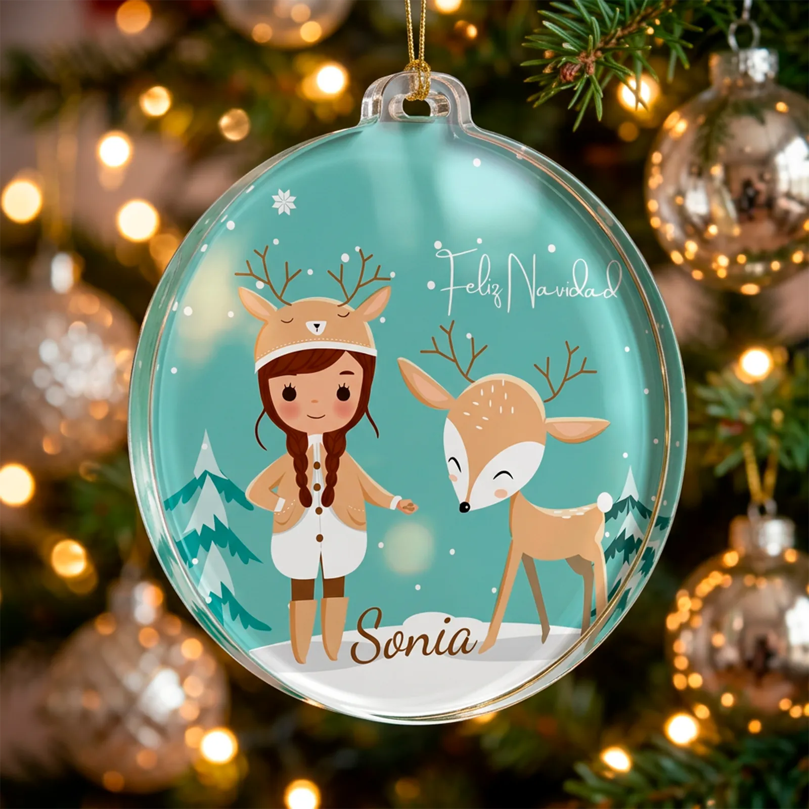 Adorno navideño personalizado con niña reno y nombre - Imagen 4
