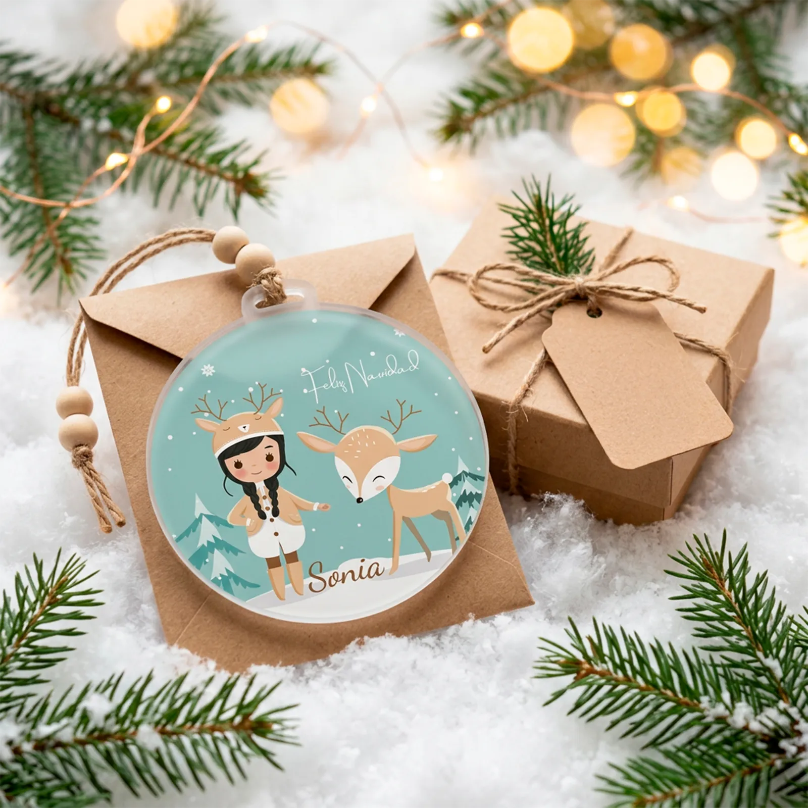 Adorno navideño personalizado con niña reno y nombre - Imagen 3
