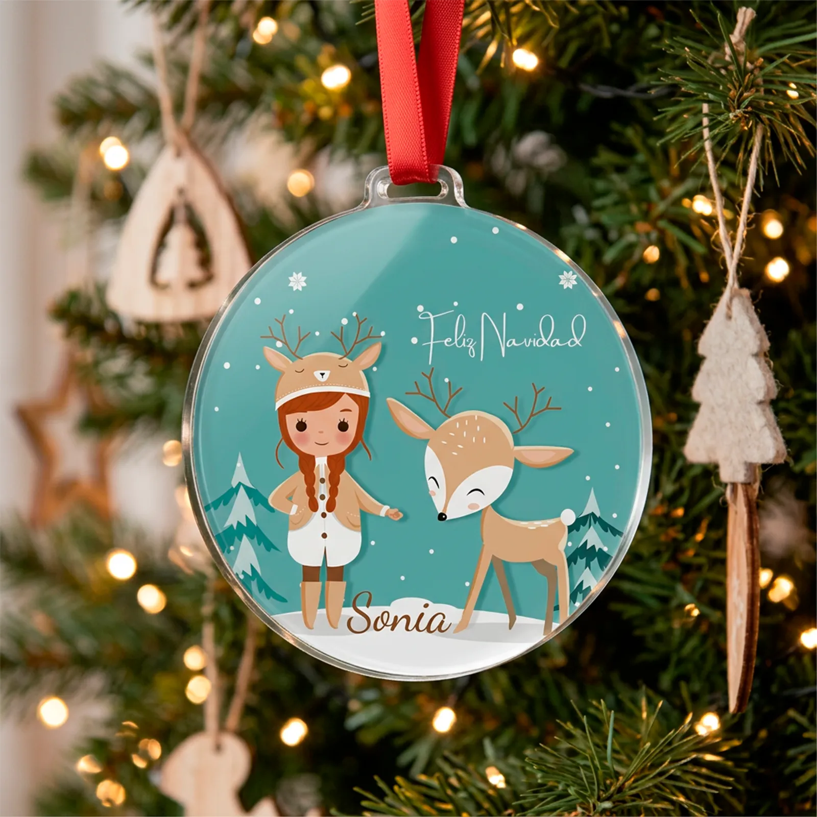 Adorno navideño personalizado con niña reno y nombre - Imagen 2