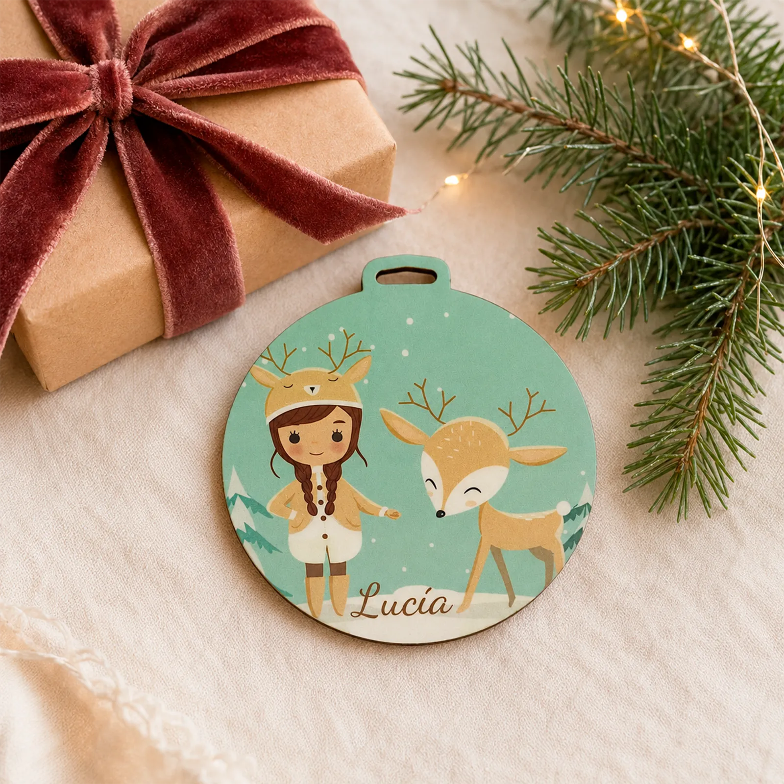 Adorno de Navidad personalizado con niña reno y nombre Lucía, presentado junto a un regalo.
