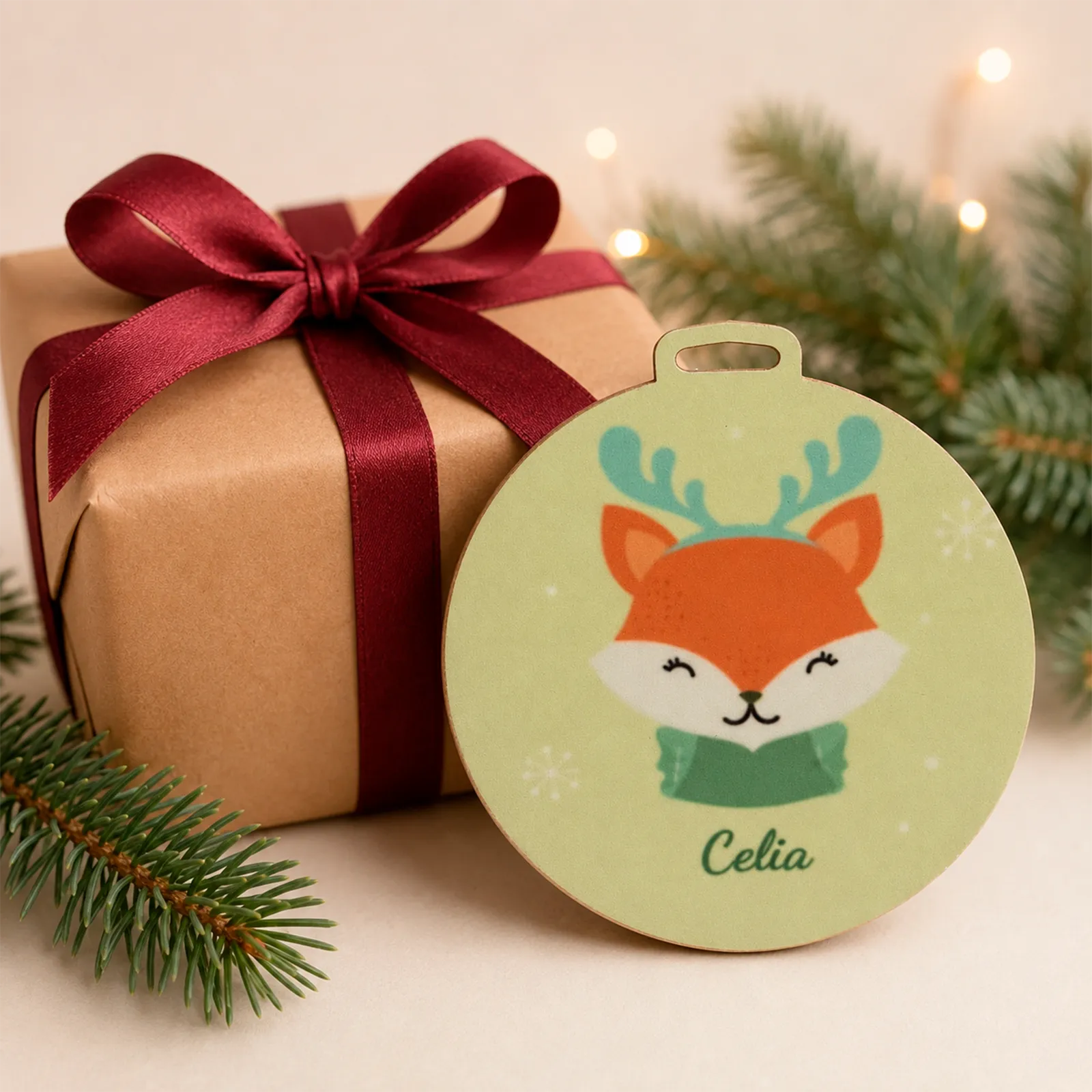 Adorno de Navidad personalizado con zorrito y nombre Celia, presentado junto a un regalo.