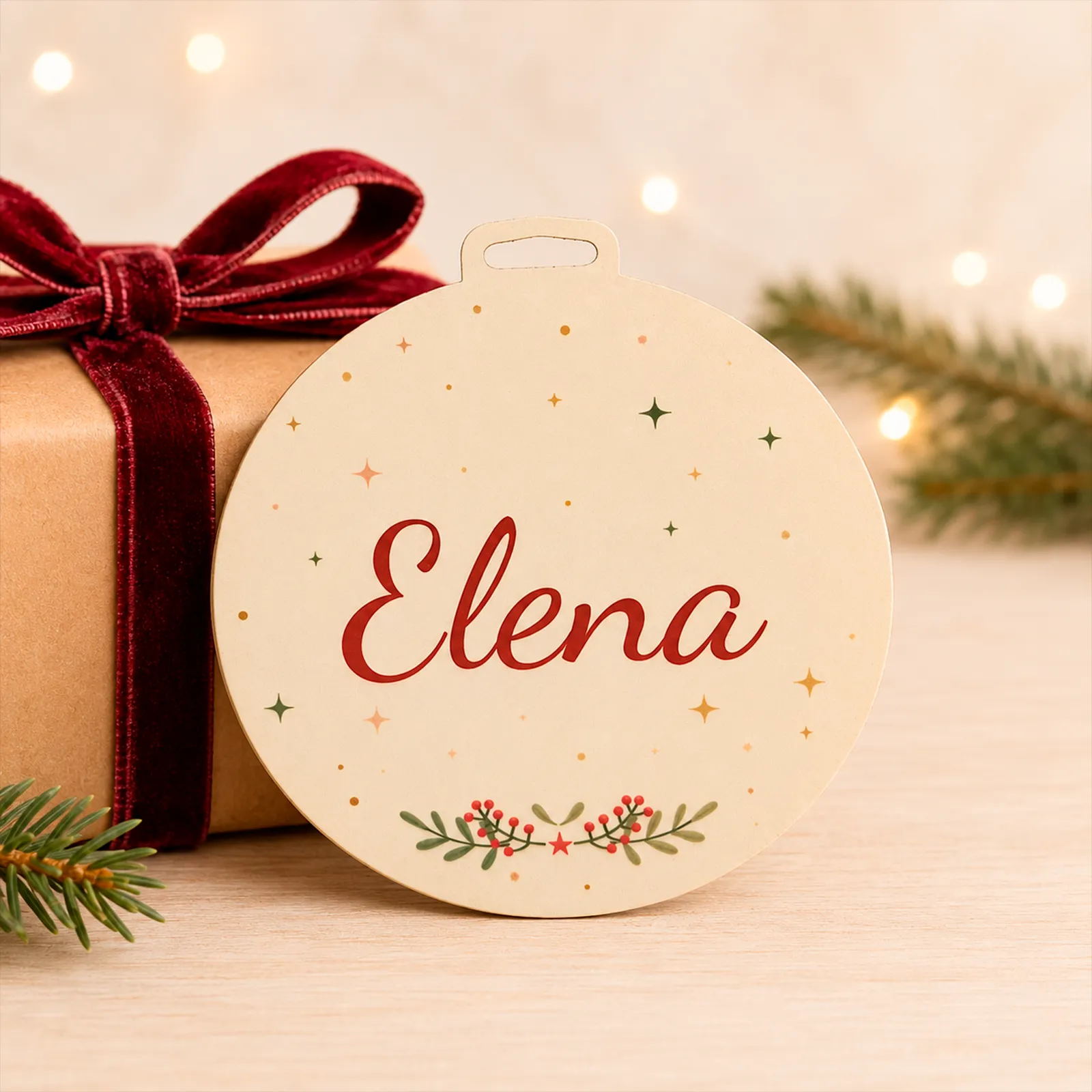 Adorno de Navidad personalizado con el nombre Elena, presentado junto a un regalo.