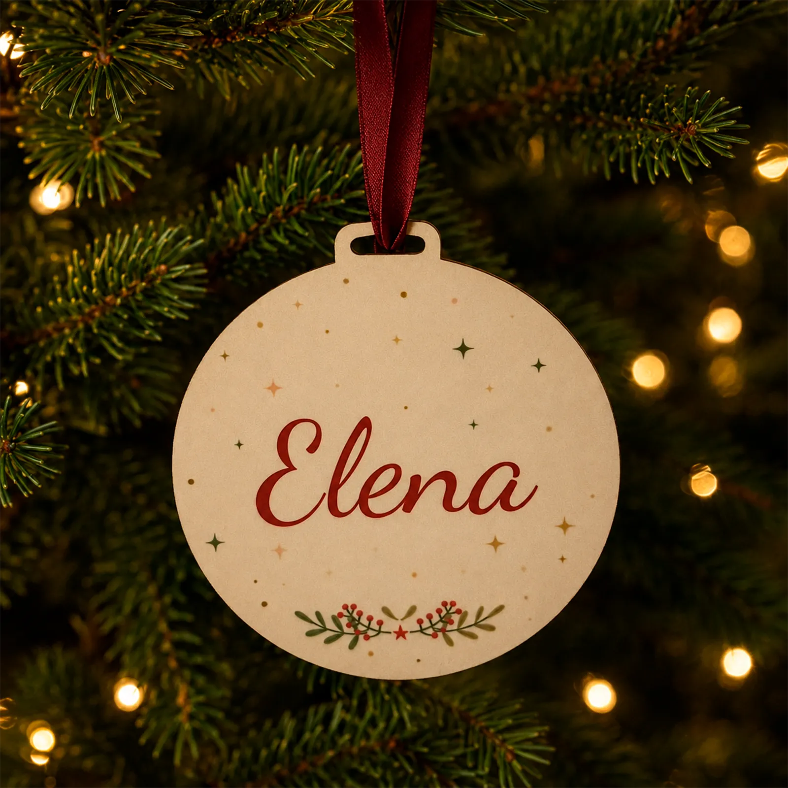 Adorno navideño personalizado con el nombre Elena, colgado en un árbol de Navidad.