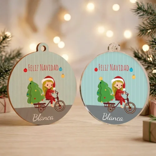 Adorno navideño personalizado con niño o niña en bici
