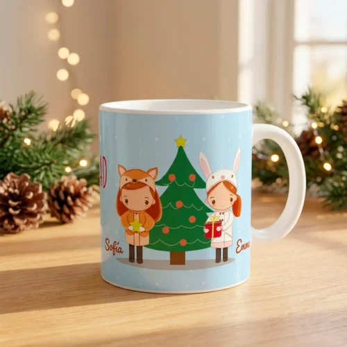 Taza de Navidad personalizada con dos niñas y nombres