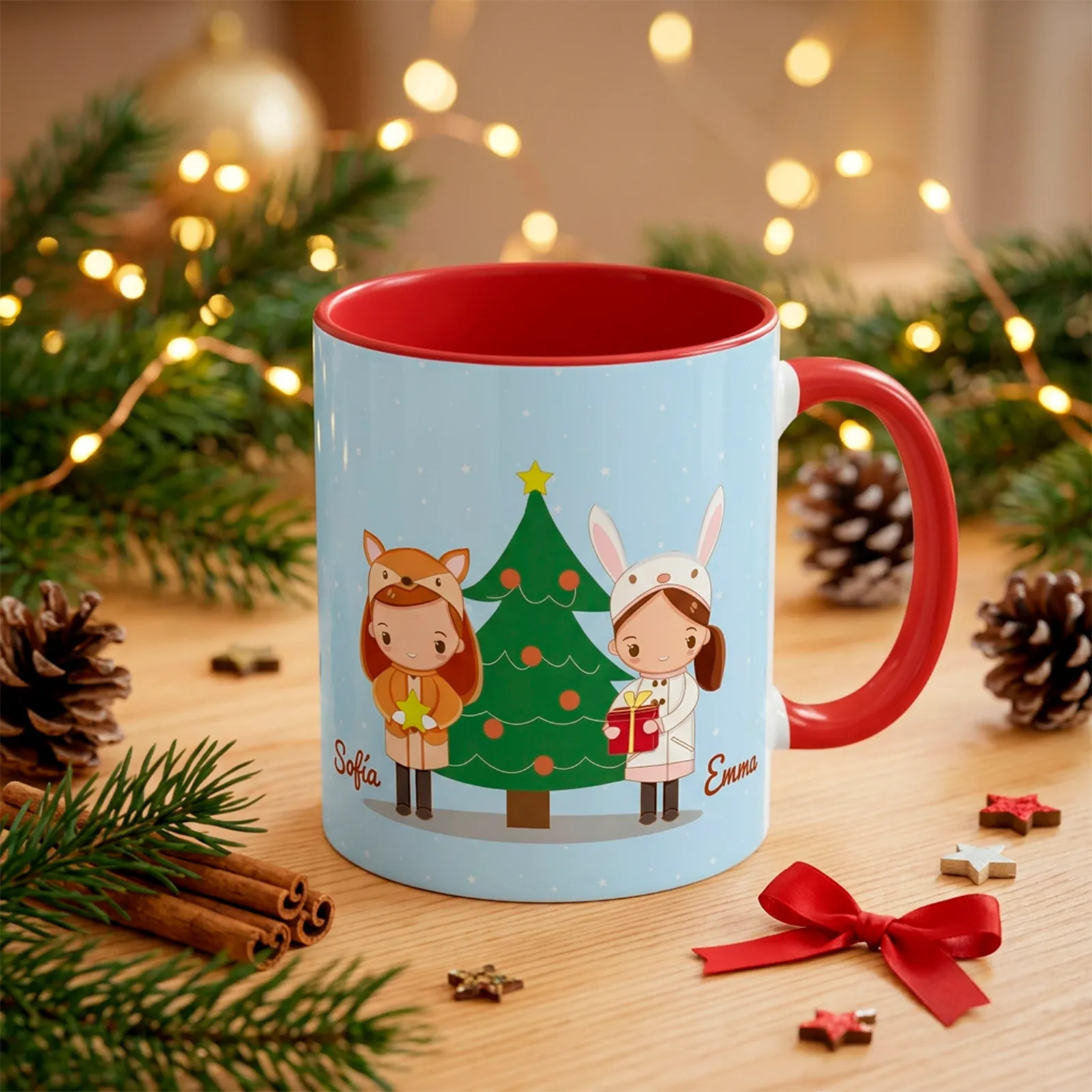 Taza de Navidad personalizada con dos niñas y nombres - Imagen 2