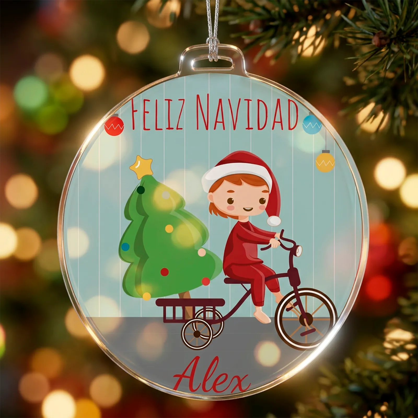 Adorno navideño personalizado con niño o niña en bici - Imagen 4