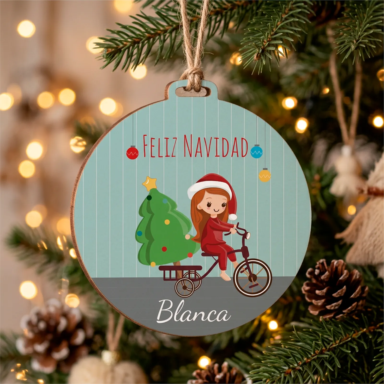 Adorno navideño personalizado con niño o niña en bici - Imagen 3