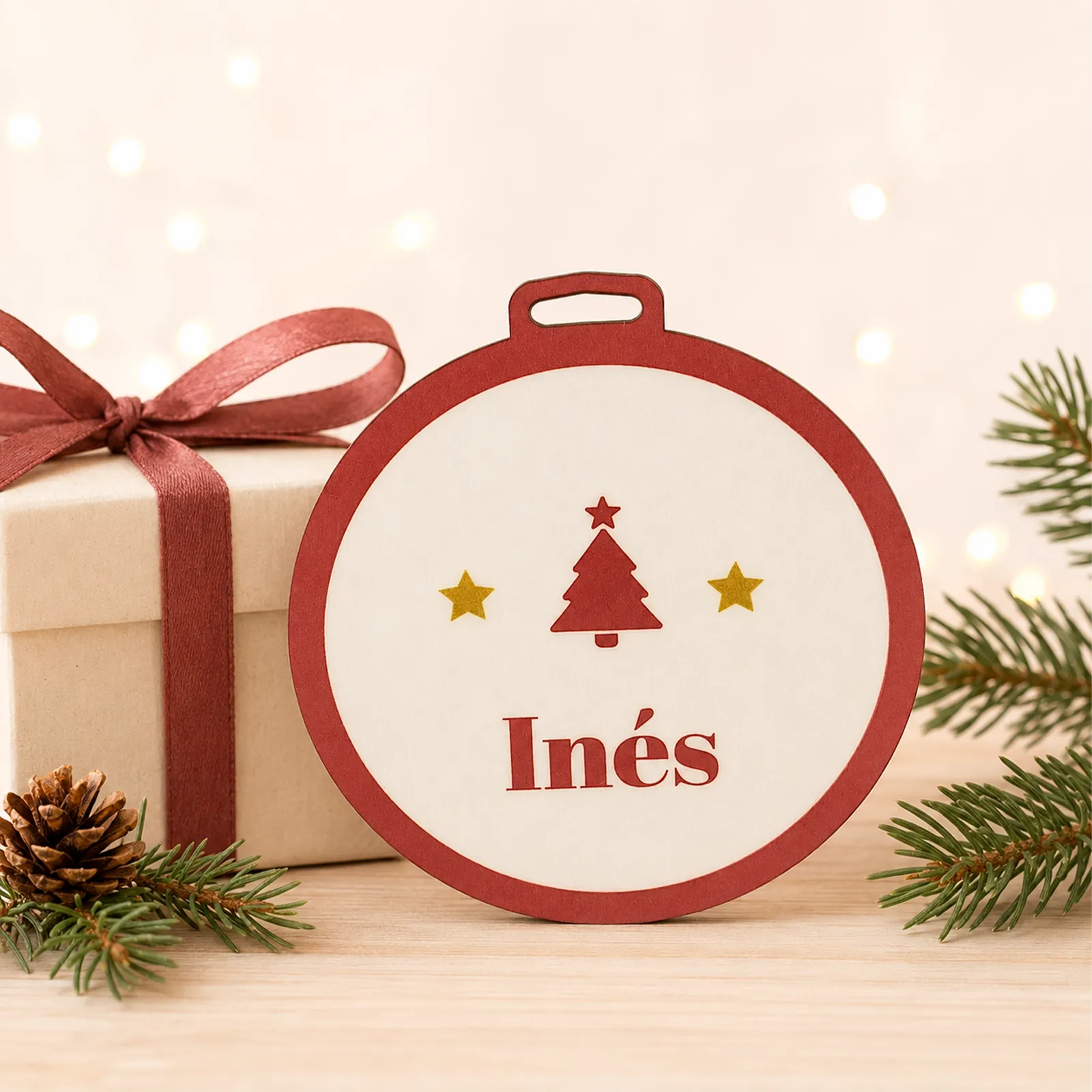 Adorno de Navidad personalizado con el nombre Inés y diseño de árbol, presentado junto a un regalo.