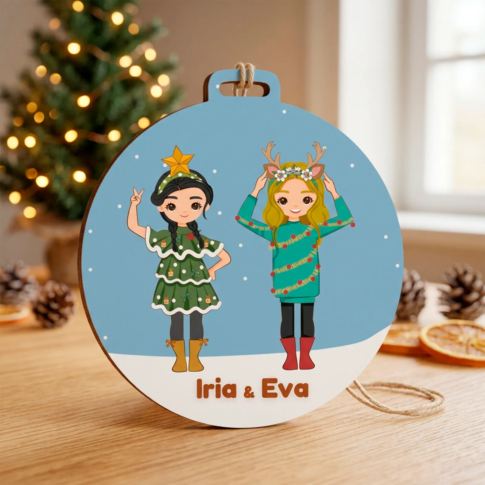 Adorno navideño personalizado con dos peques disfrazadas y nombres - Imagen 3