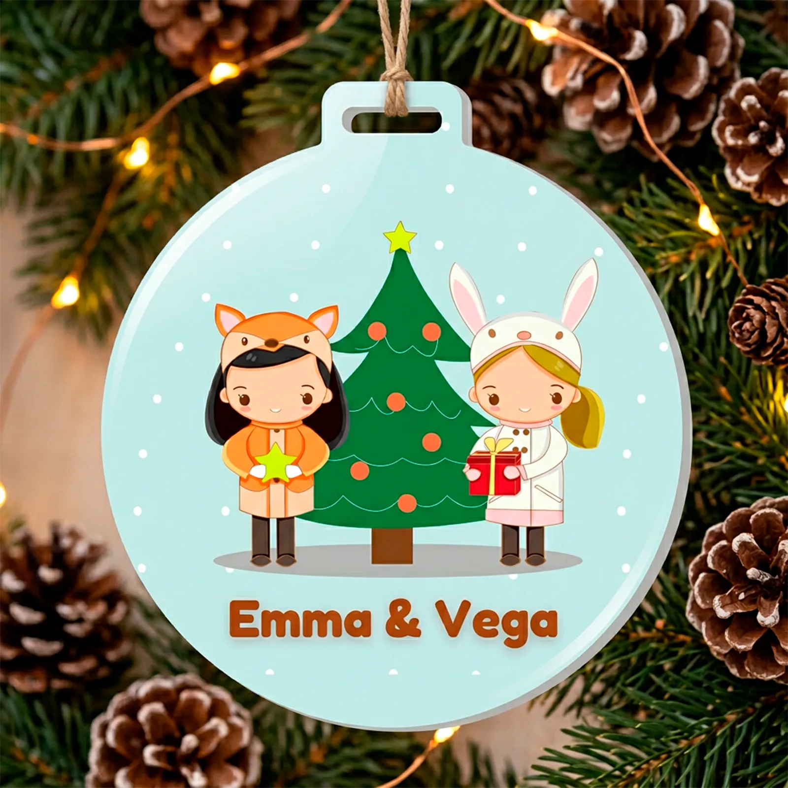 Adorno navideño personalizado con dos niñas y nombres - Imagen 3