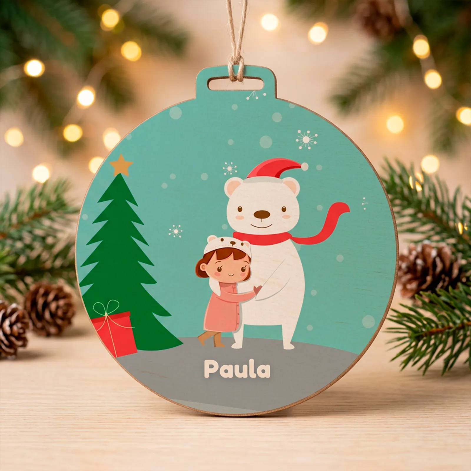Adorno navideño personalizado con niña y oso polar - Imagen 4