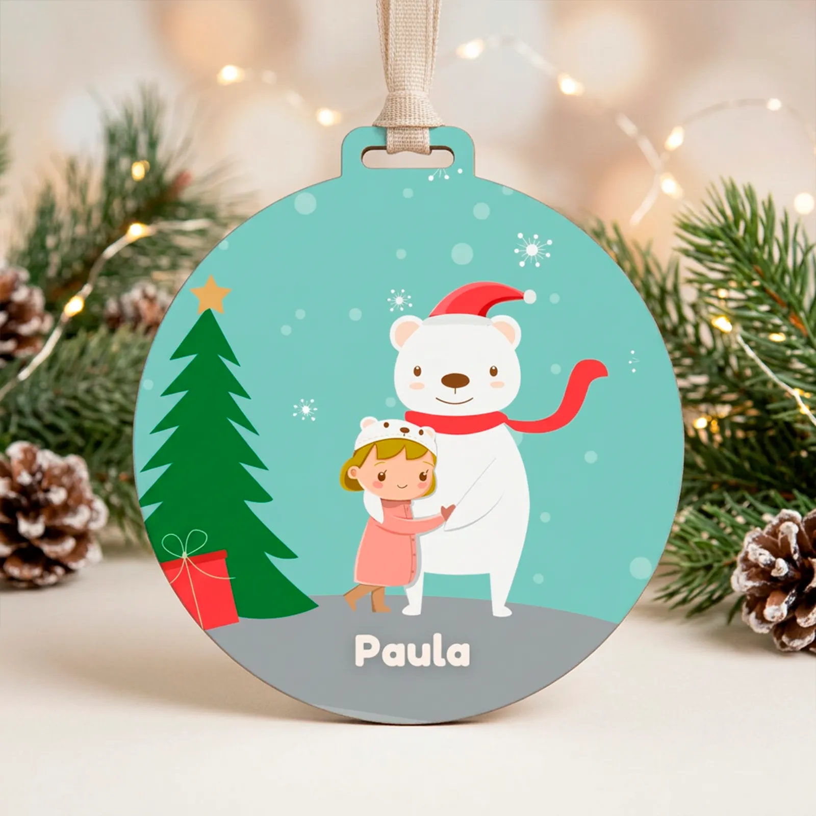 Adorno navideño personalizado con niña y oso polar
