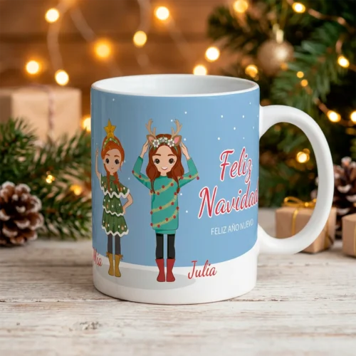 Taza de Navidad personalizada con dos chicas y nombres