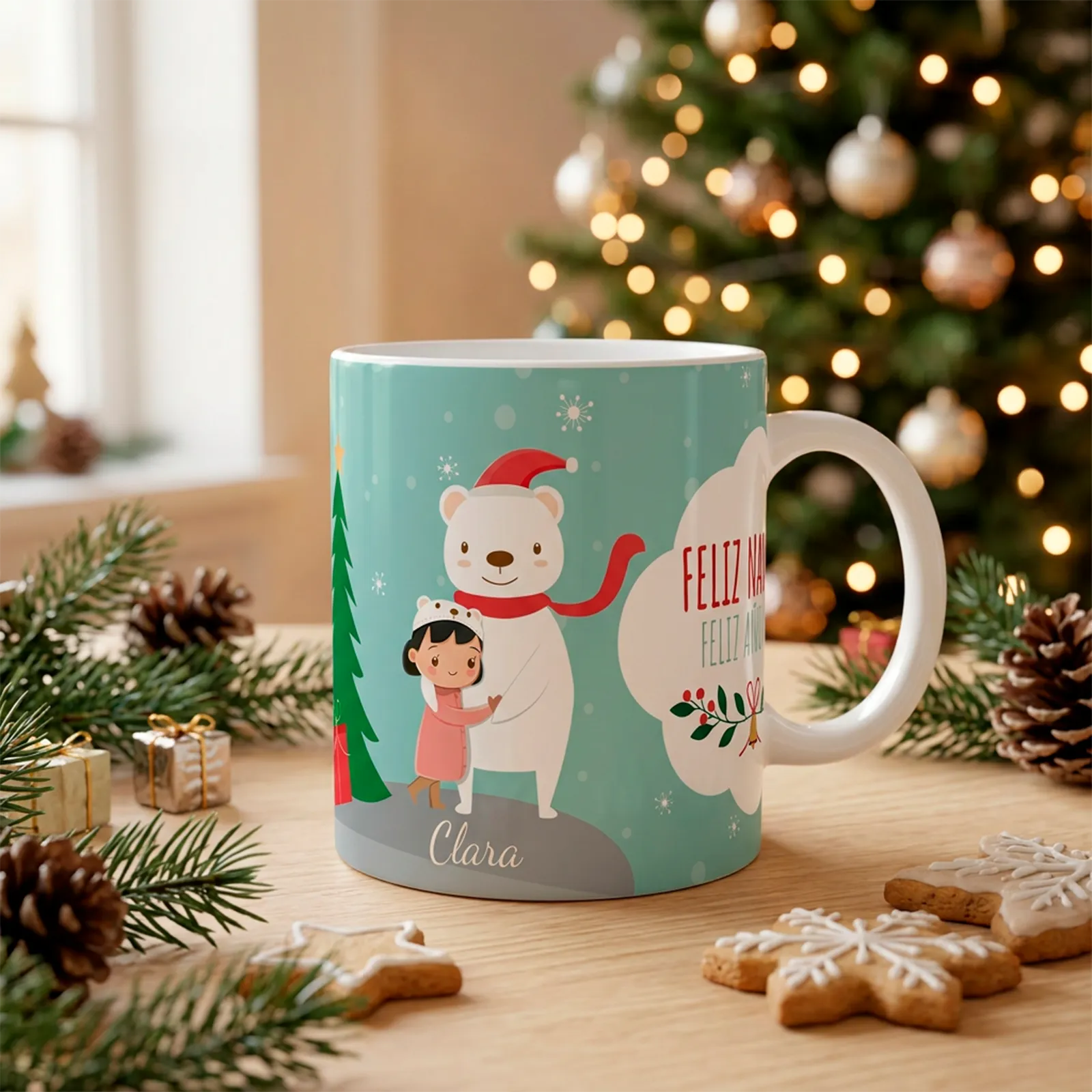 Taza de Navidad personalizada con niña y oso polar - Imagen 3