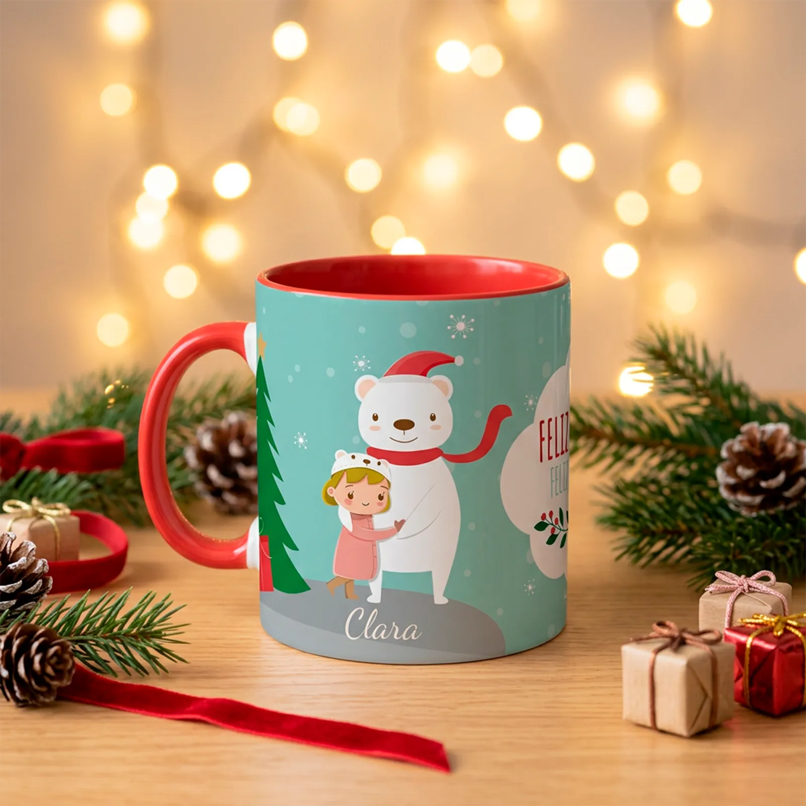 Taza de Navidad personalizada con niña y oso polar - Imagen 2
