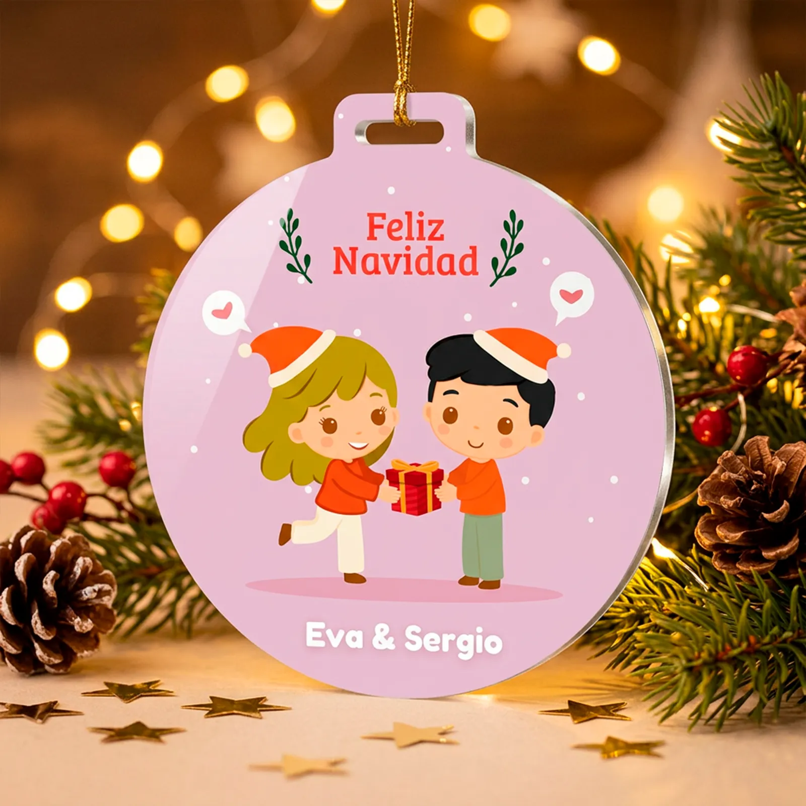 Adorno navideño personalizado con niño y niña y nombres - Imagen 3