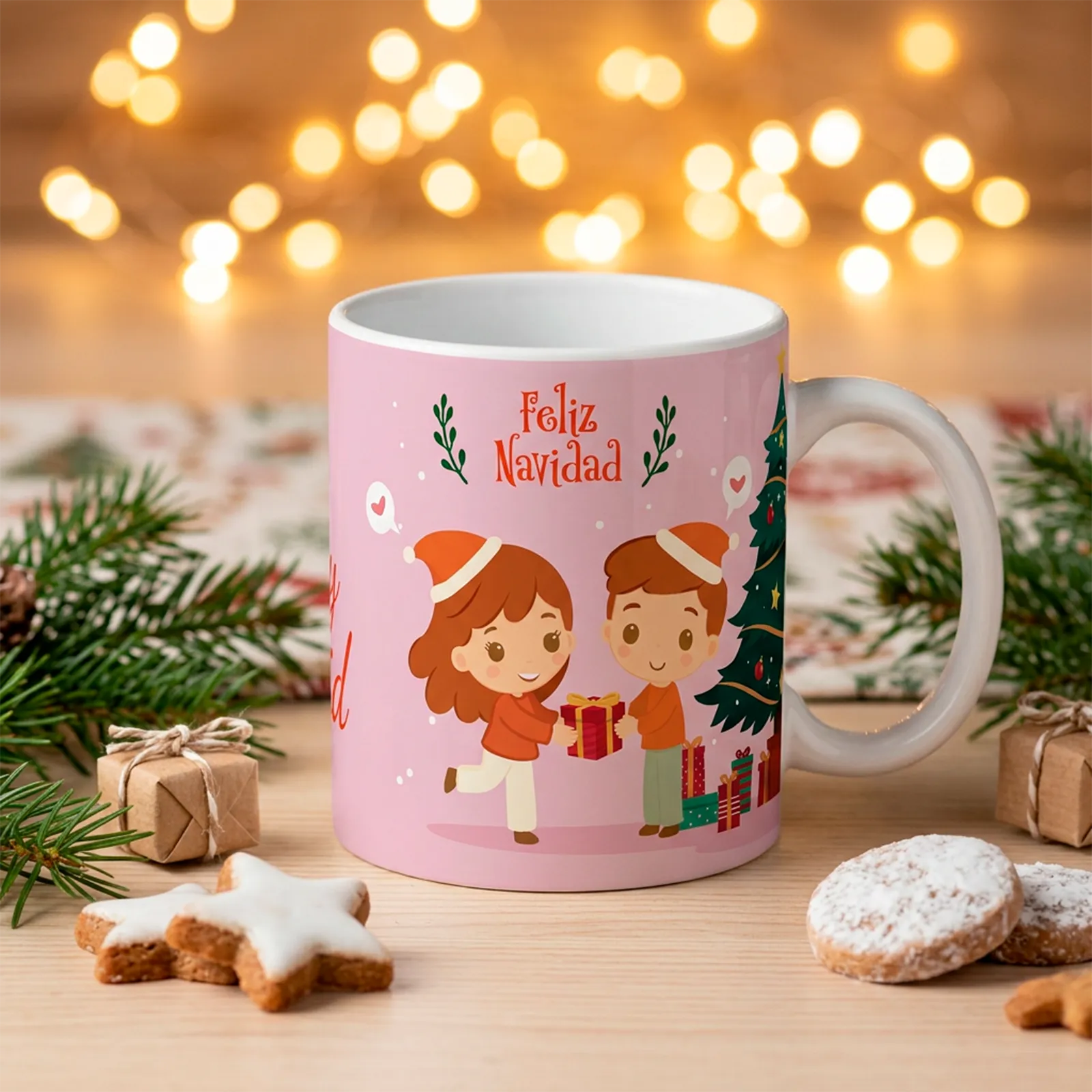 Taza de Navidad personalizada con niño y niña y nombres - Imagen 2