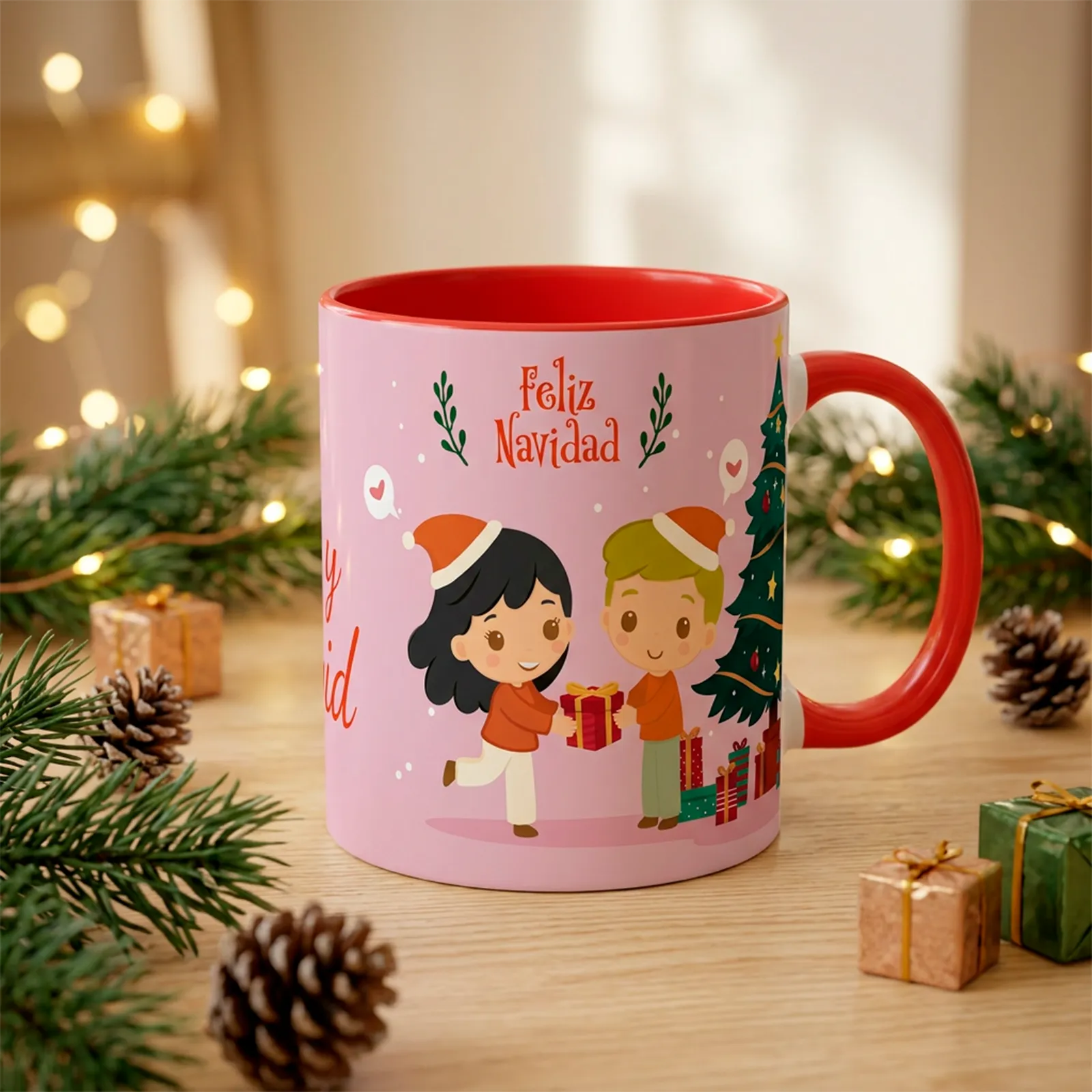 Taza de Navidad personalizada con niño y niña y nombres - Imagen 3