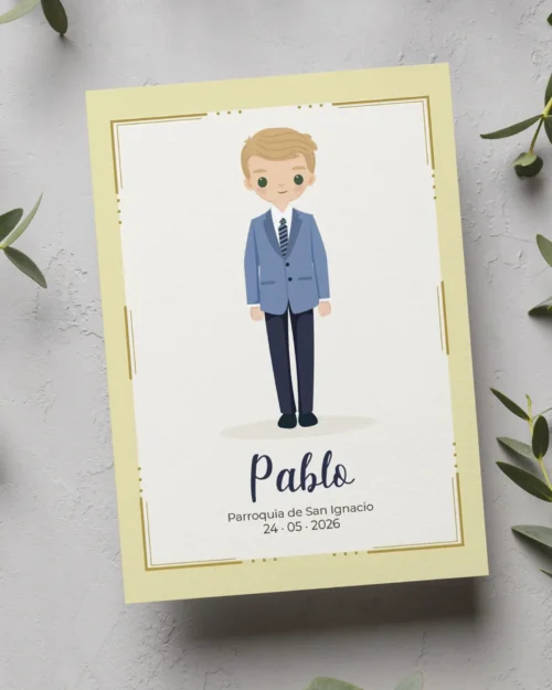 Recordatorio de Primera Comunión personalizado – Modelo Elegancia Azul