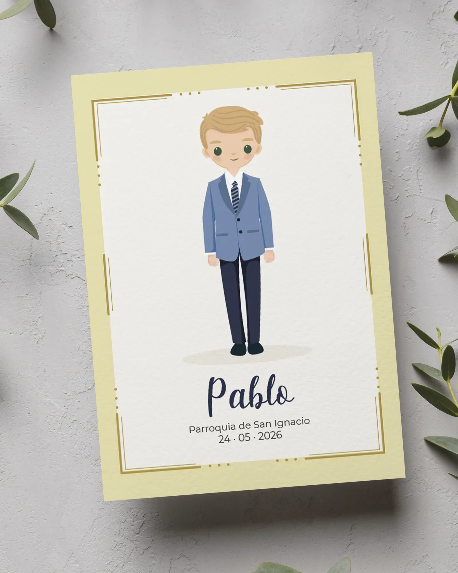 Recordatorio de Primera Comunión personalizado – Modelo Elegancia Azul