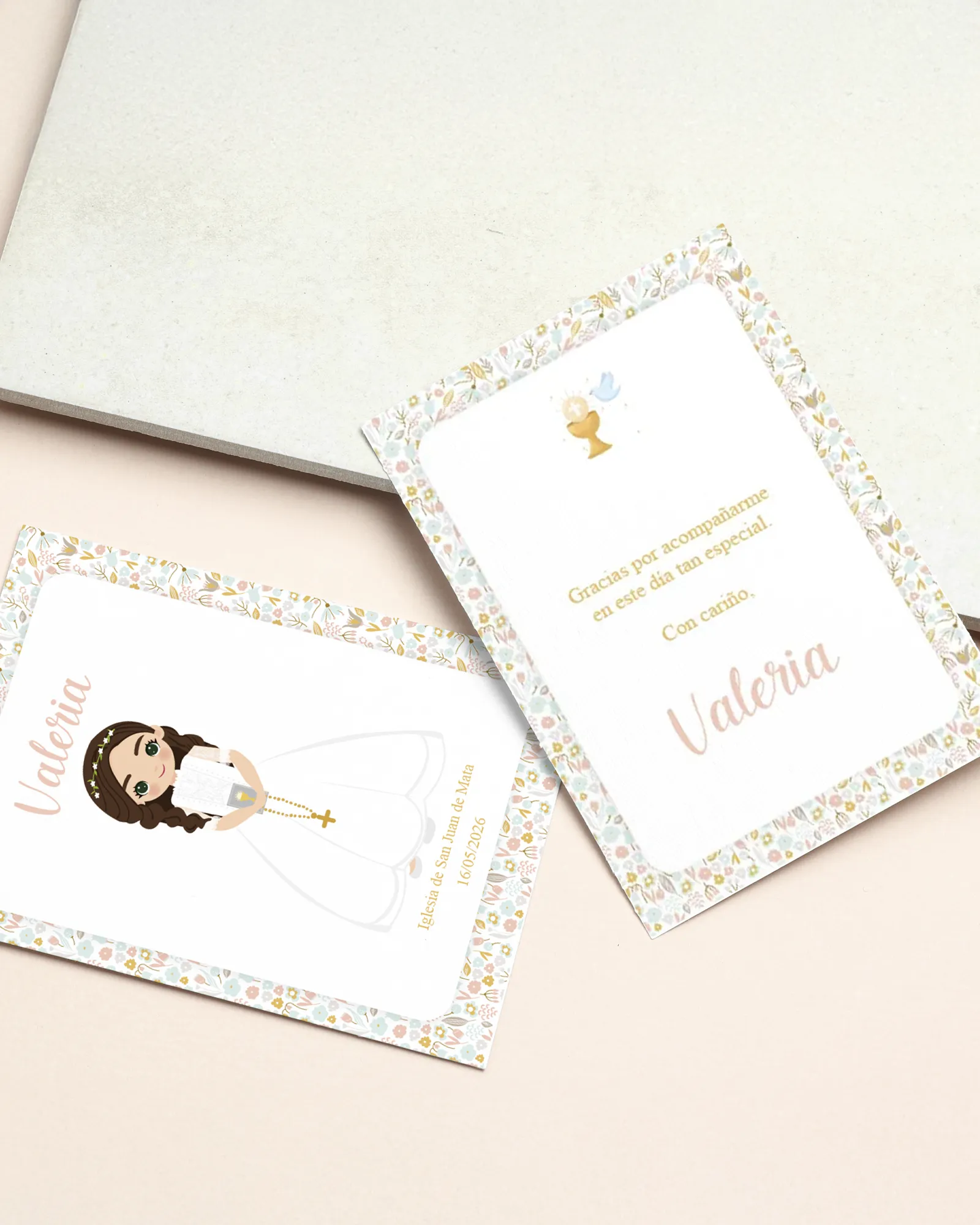 Recordatorio de primera comunión personalizado estilo romántica floral para niña
