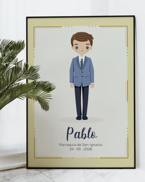 Lámina de primera comunión personalizada en tonos azul elegante para niño