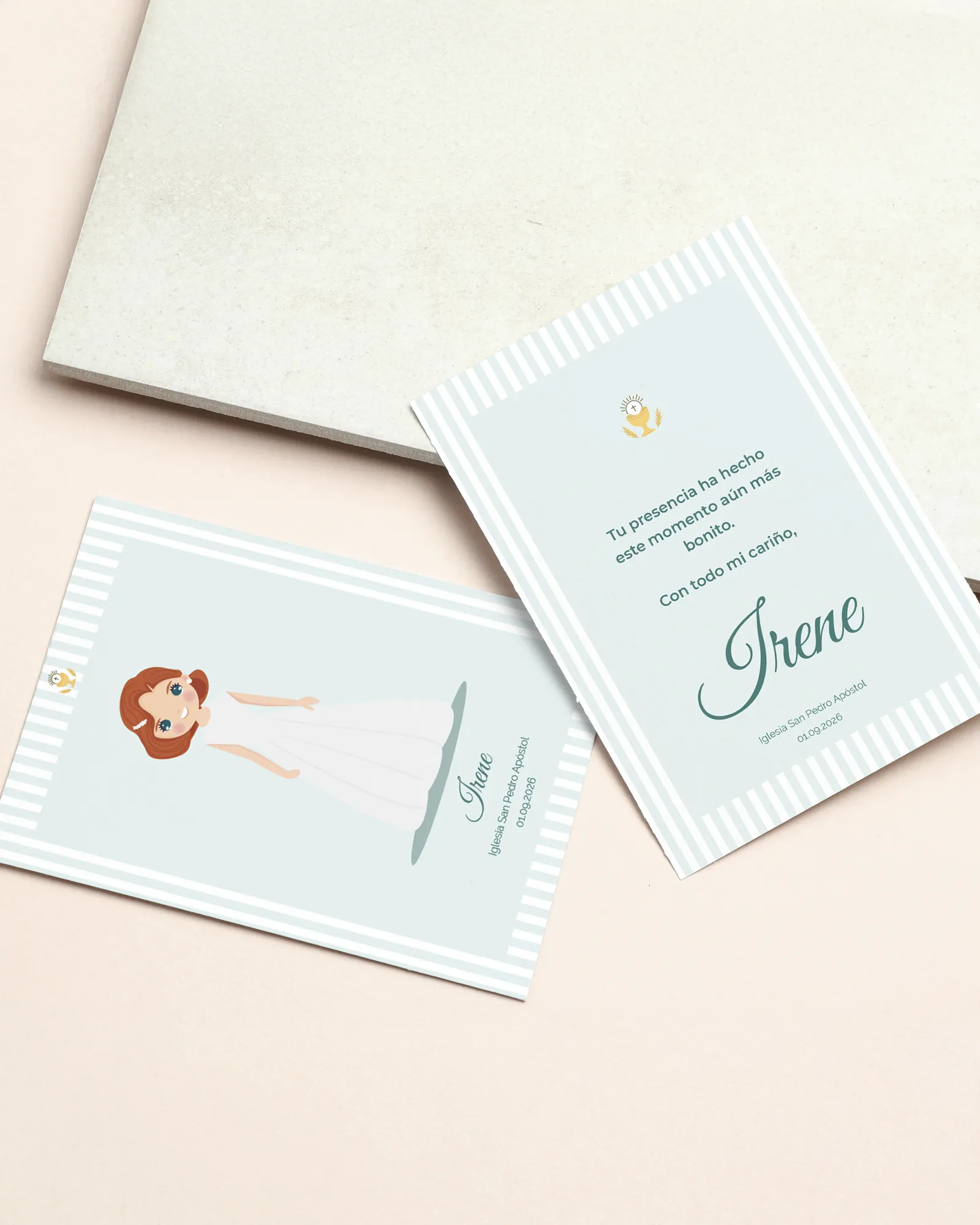 Recordatorio de primera comunión personalizado estilo moderna chic para niña