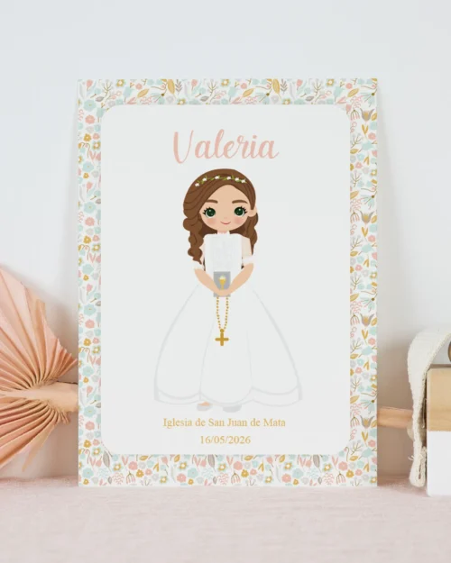 Lámina de primera comunión personalizada estilo romántica floral para niña
