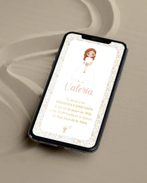 Invitación digital de primera comunión personalizada estilo romántica floral para niña
