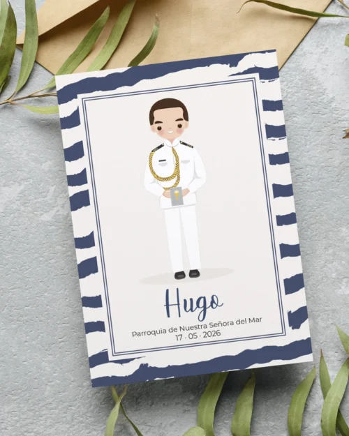 Recordatorio de primera comunión personalizado con traje almirante blanco
