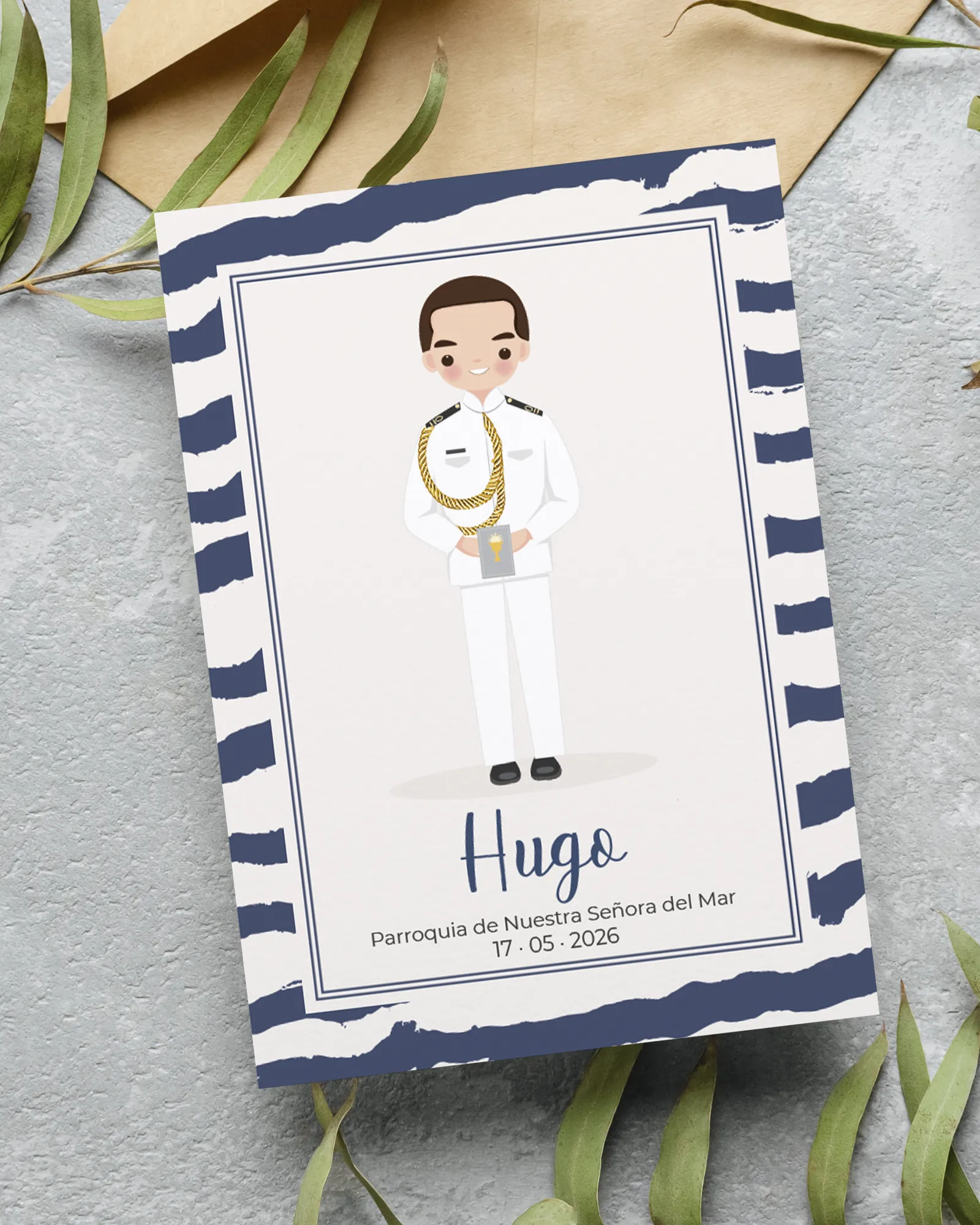 Recordatorio de primera comunión personalizado con traje almirante blanco