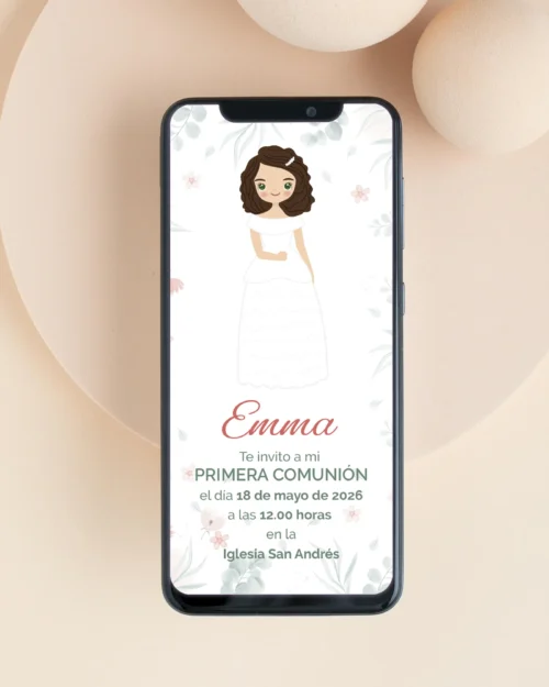 Invitación digital de primera comunión personalizada estilo rizos soñadores para niña