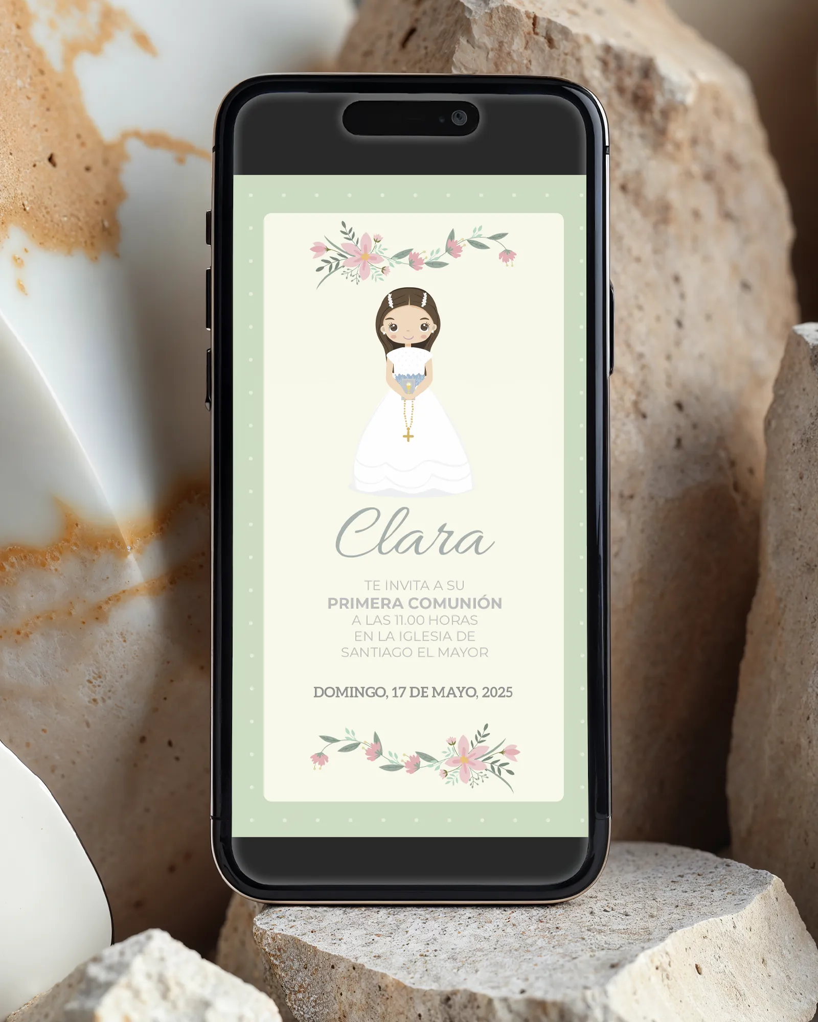 Invitación digital de primera comunión personalizada estilo clásica elegante para niña