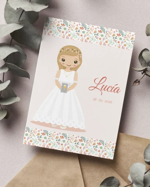Recordatorio de primera comunión personalizado estilo bohemia dulce para niña