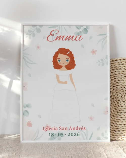Lámina de primera comunión personalizada estilo rizos soñadores para niña