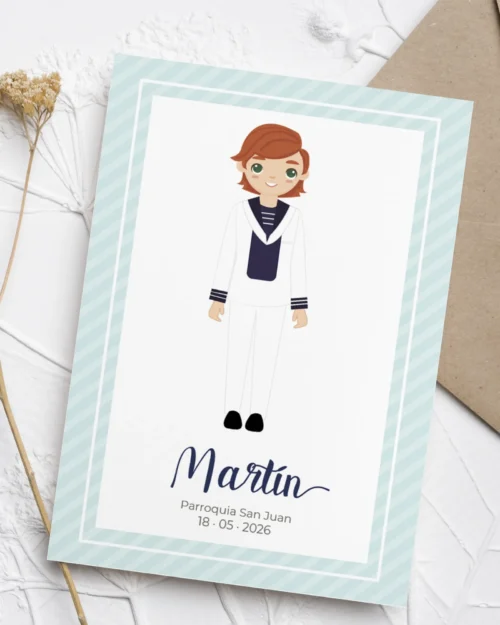 Recordatorio de primera comunión personalizado con niño marinero