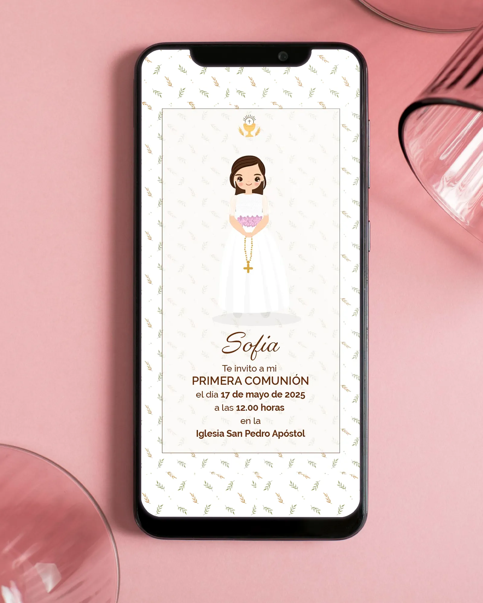 Invitación digital de primera comunión personalizada estilo elegancia natural para niña