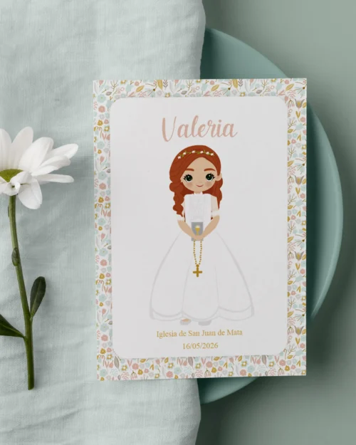 Recordatorio de primera comunión personalizado estilo romántica floral para niña