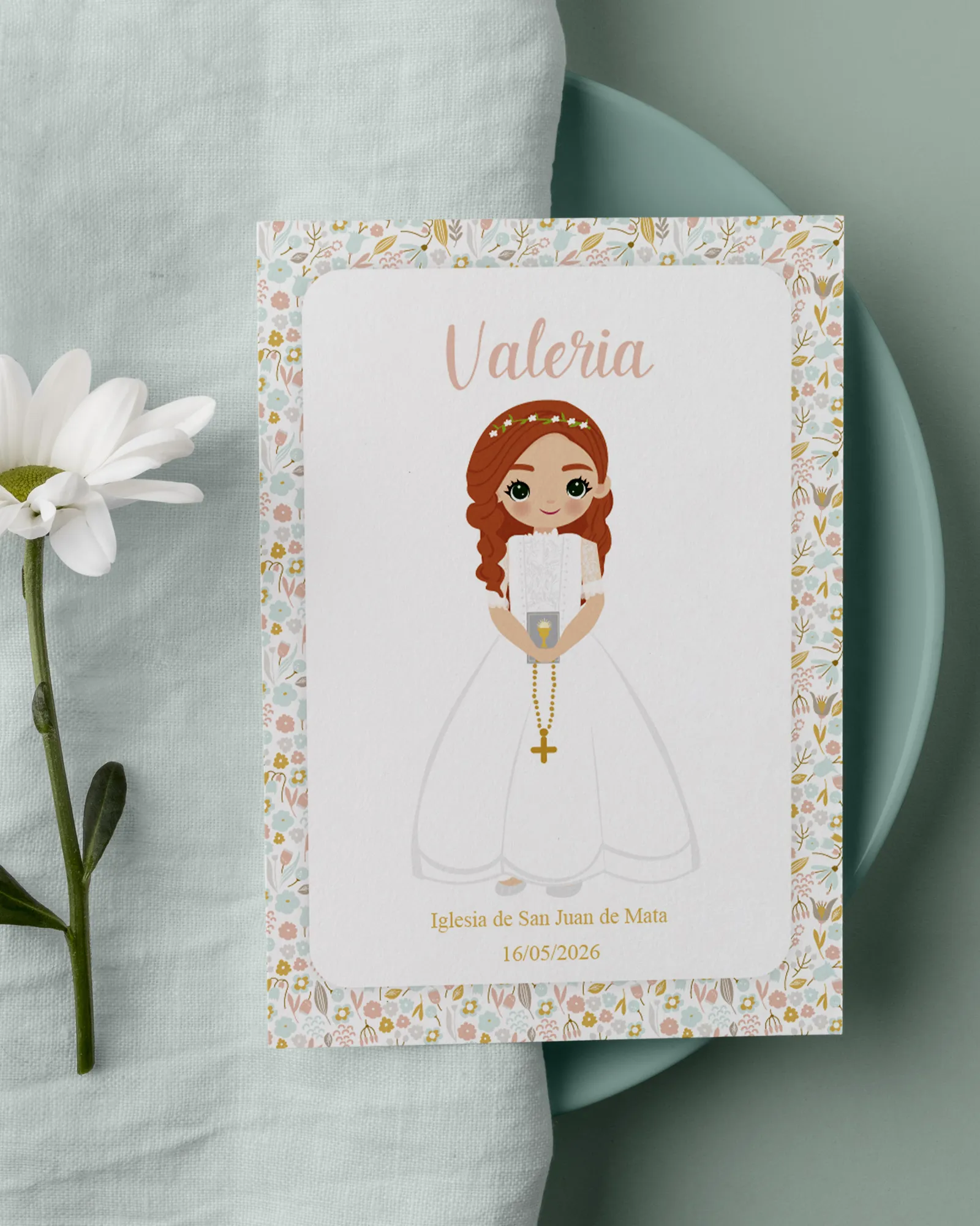 Recordatorio de primera comunión personalizado estilo romántica floral para niña