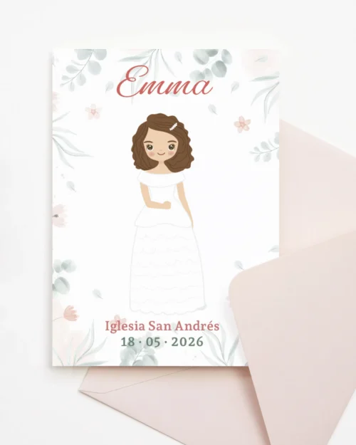 Recordatorio de primera comunión personalizado estilo rizos soñadores para niña