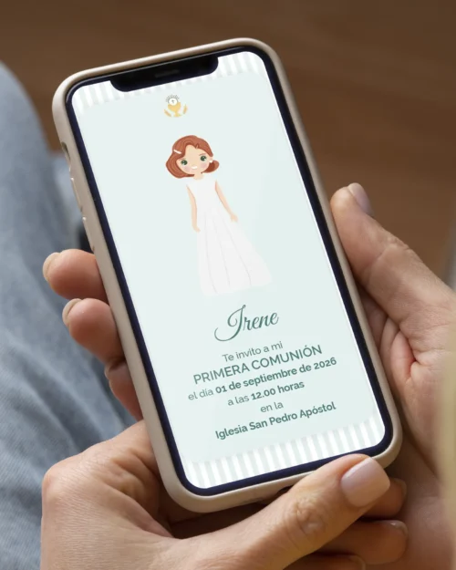 Invitación digital de primera comunión personalizada estilo moderna chic para niña