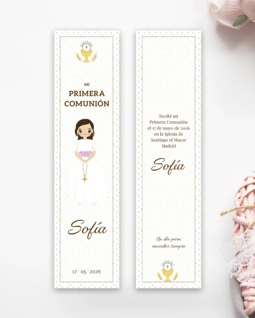 Marcapáginas de primera comunión personalizado estilo elegancia natural para niña