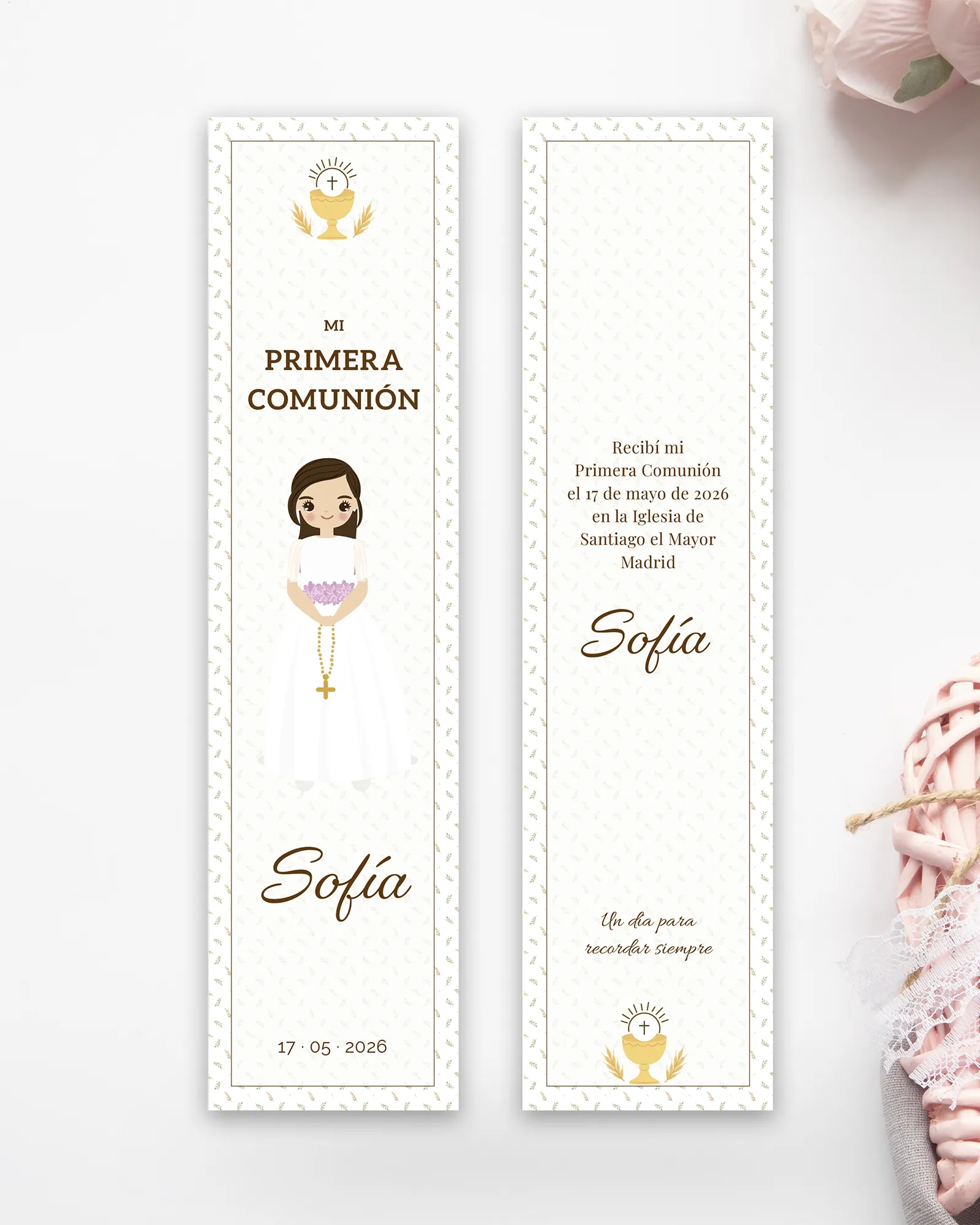 Marcapáginas de primera comunión personalizado estilo elegancia natural para niña