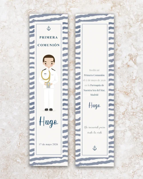 Marcapáginas de primera comunión personalizado estilo Almirante blanco para niño