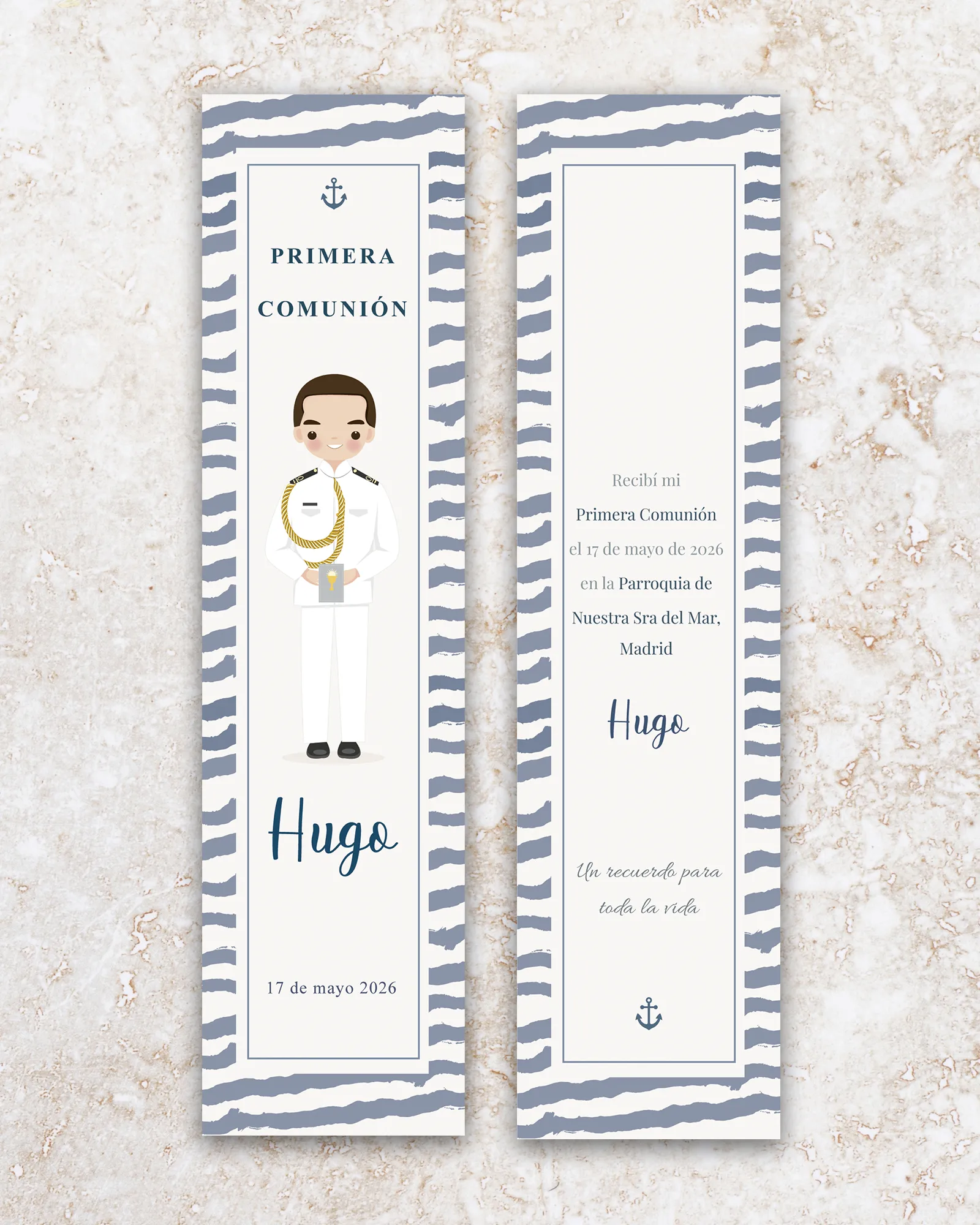 Marcapáginas de primera comunión personalizado estilo Almirante blanco para niño