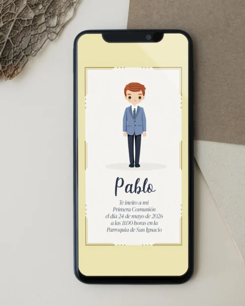 Invitación digital de primera comunión personalizada en tonos azul elegante